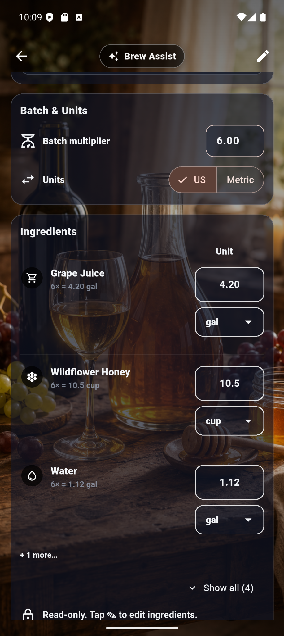 Brewstead recipe scaling view showing a batch multiplier and scaled ingredient quantities.