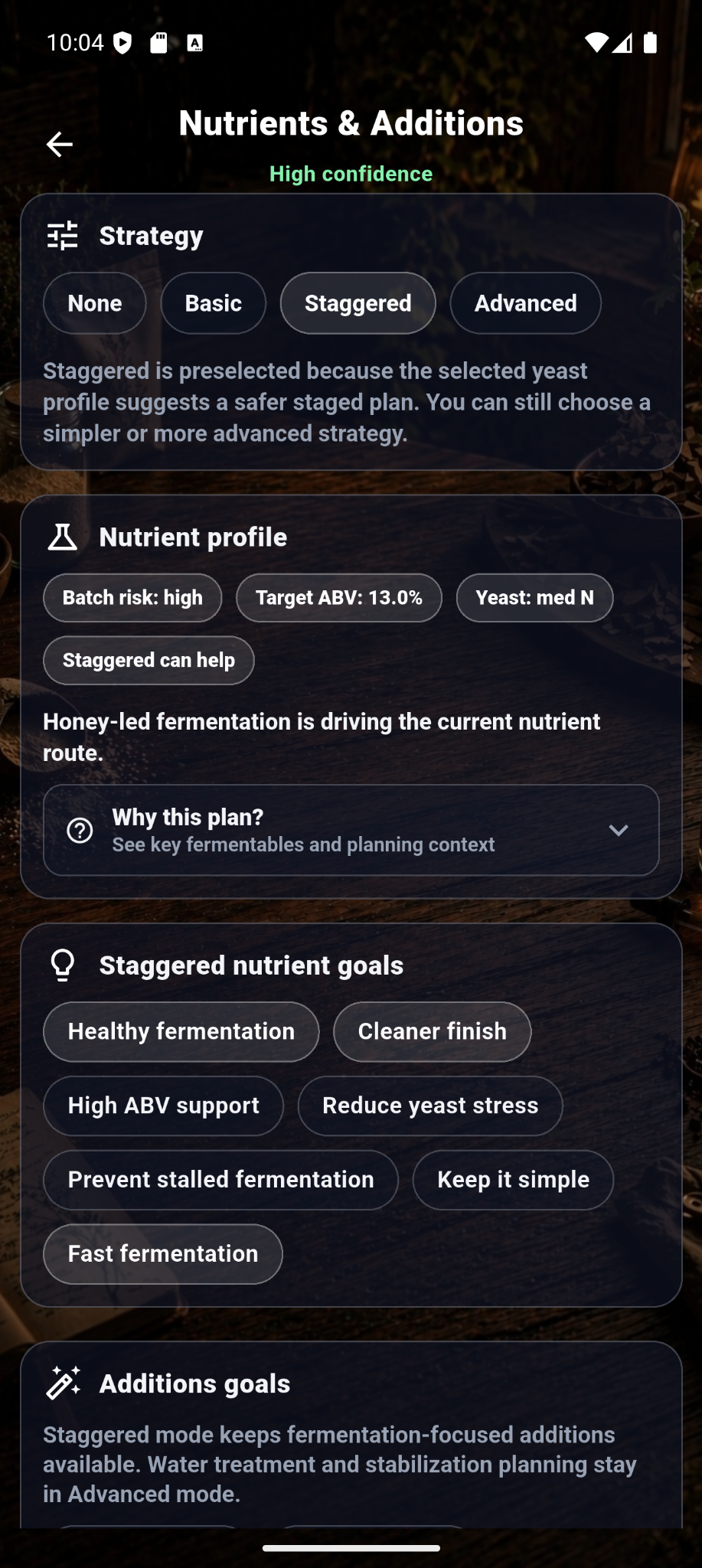 Brewstead Nutrients and Additions screen showing nutrient planning and fermentation goals.