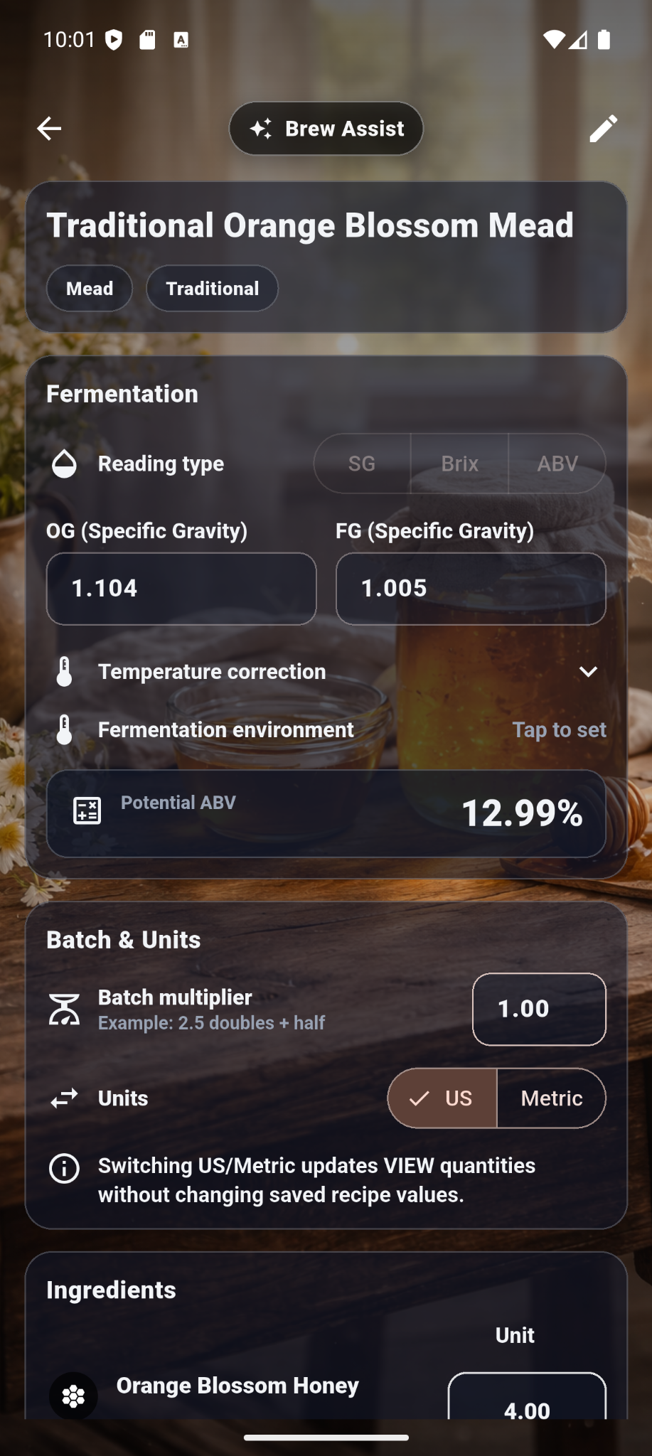 Brewstead recipe detail for a Traditional Orange Blossom Mead with fermentation estimates and batch controls.