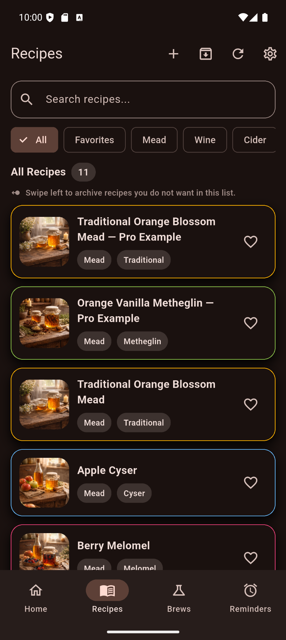 Brewstead recipe library showing mead, wine, and hard cider recipes.