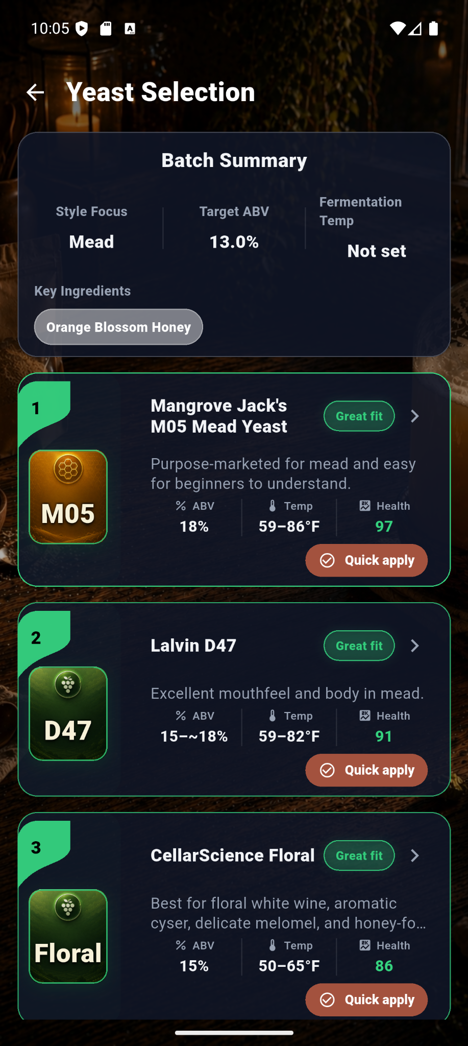 Brewstead yeast selection showing ranked yeast recommendations with fit, ABV, temperature, and batch information.
